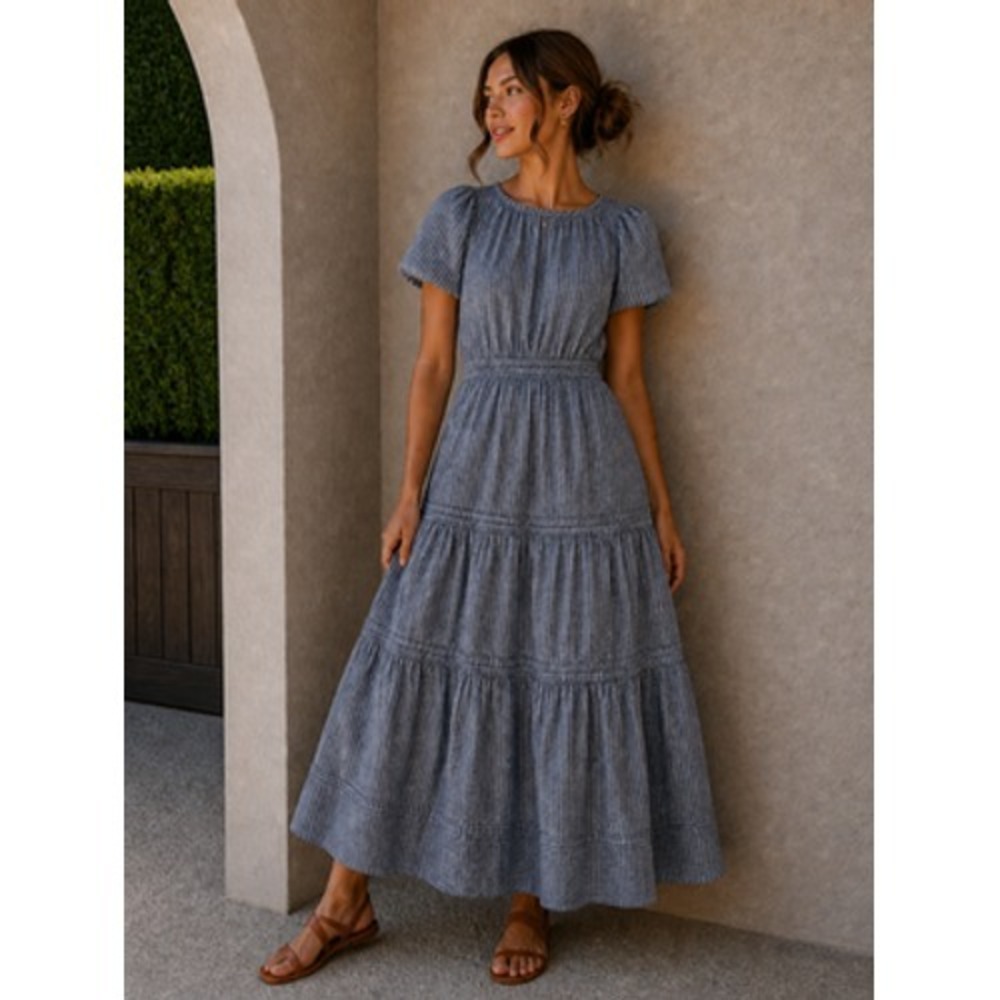 Quince Maxi Dress Womens L Blue Chambray Linen Tiered Smocked Puff Sleeve